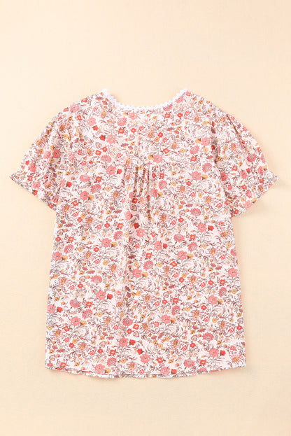 Split Neck Floral Print Plus Size Top | Pink