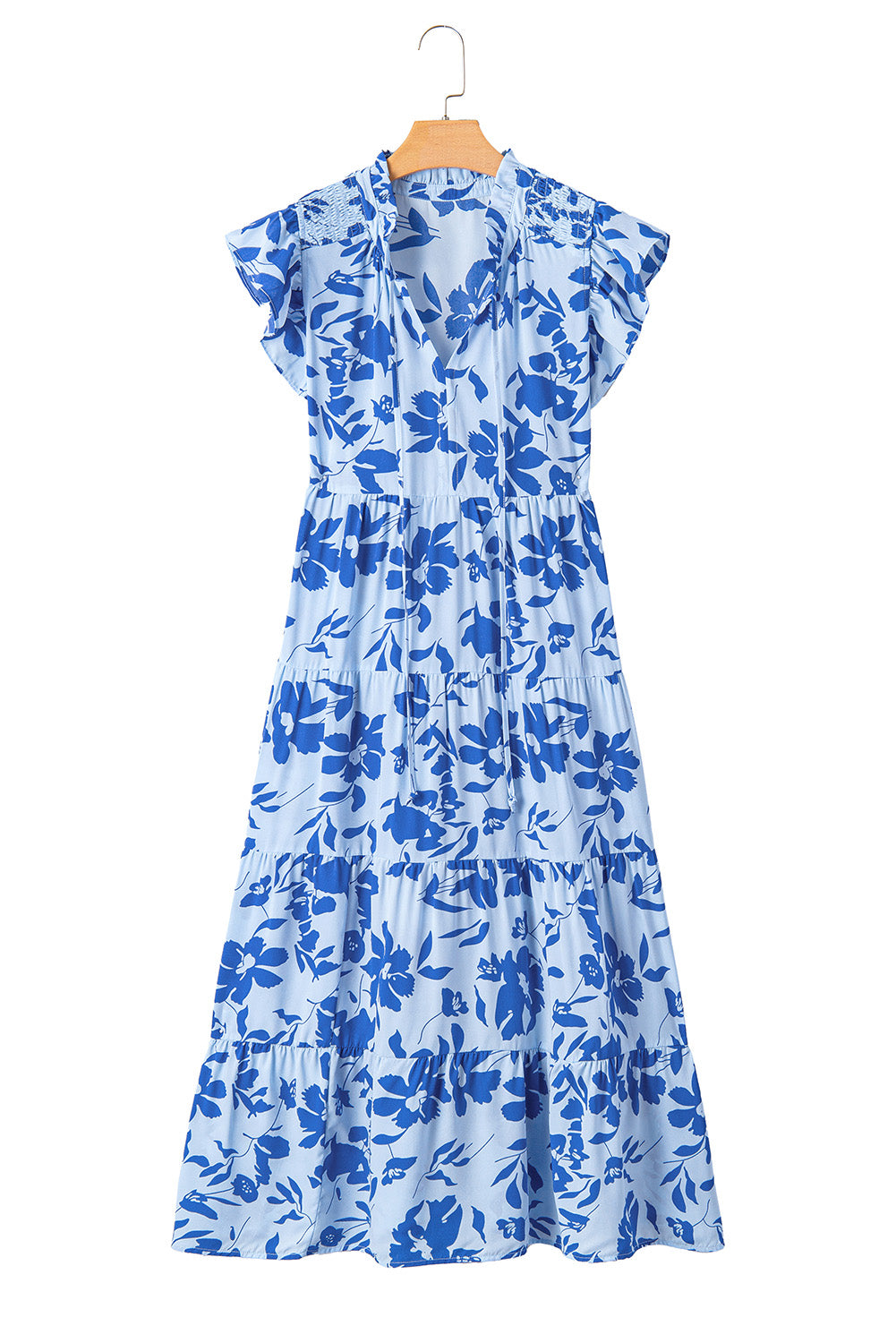 Floral Print Tiered Frilled Trim Flutter Sleeve Maxi Dress | Sky Blue