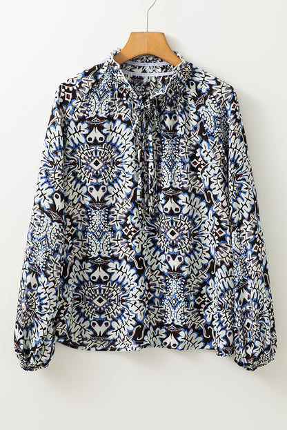 Tribal Print Lace-Up Frilled Neck Puff Sleeve Blouse | Blue