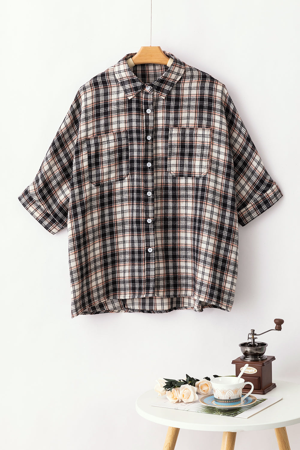 Plaid Print Chest Pockets Oversize Shirt | Black