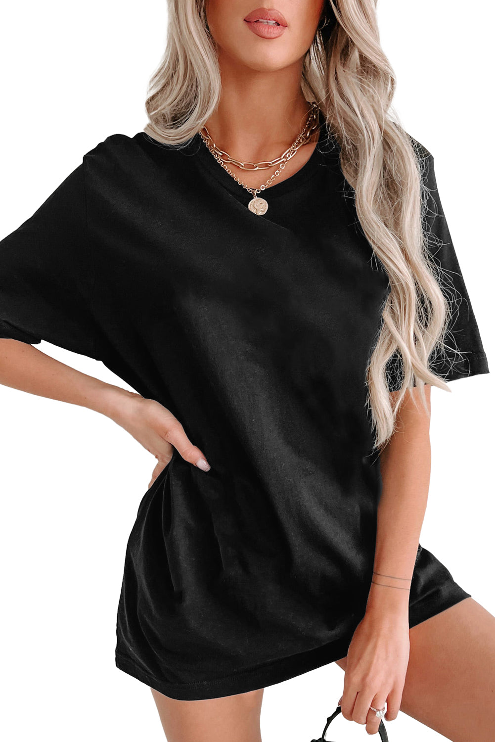 Solid Colour Round Neck Basic Tunic T Shirt | Black