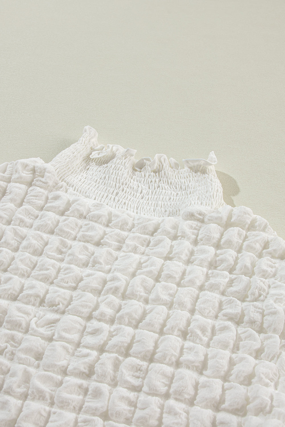 Textured Smocked Mock Neck Puff Sleeve Top | White