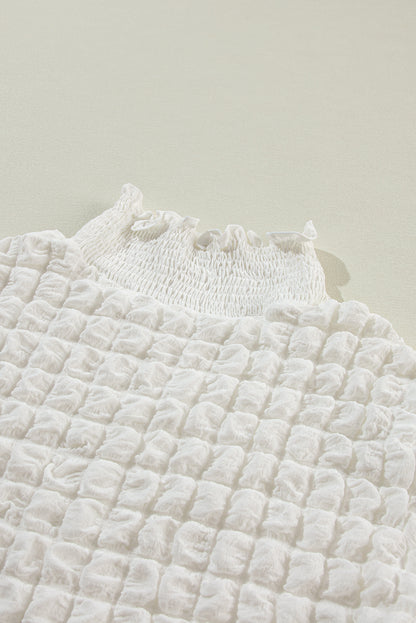 Textured Smocked Mock Neck Puff Sleeve Top | White