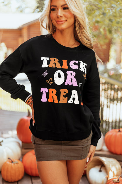 Black TRICK OR TREAT Graphic Crewneck Halloween Sweatshirt