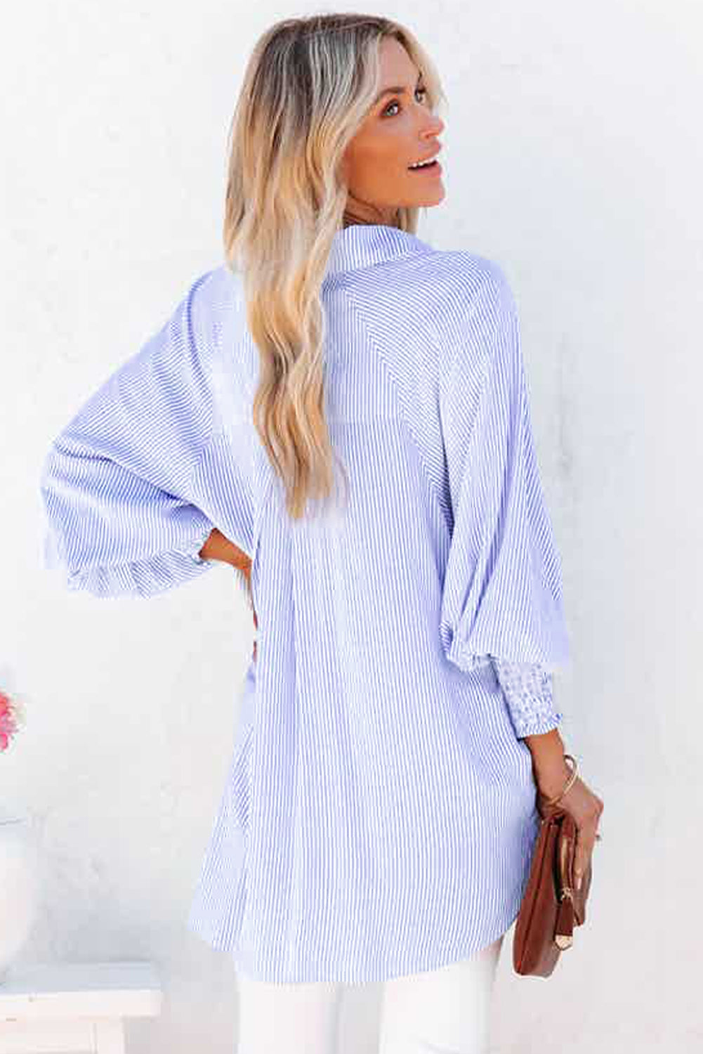 Smocked Cuffed Striped Boyfriend Shirt With Pocket | Sky Blue