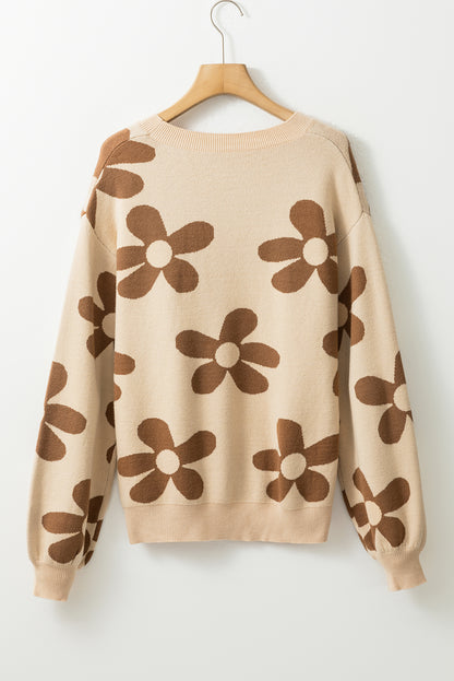 Big Flower Knit Ribbed Trim Sweater | Parchment