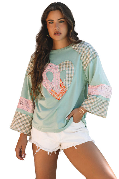 Plaid Floral Peace Heart Graphic Wide Long Sleeve Top | Clearly Aqua