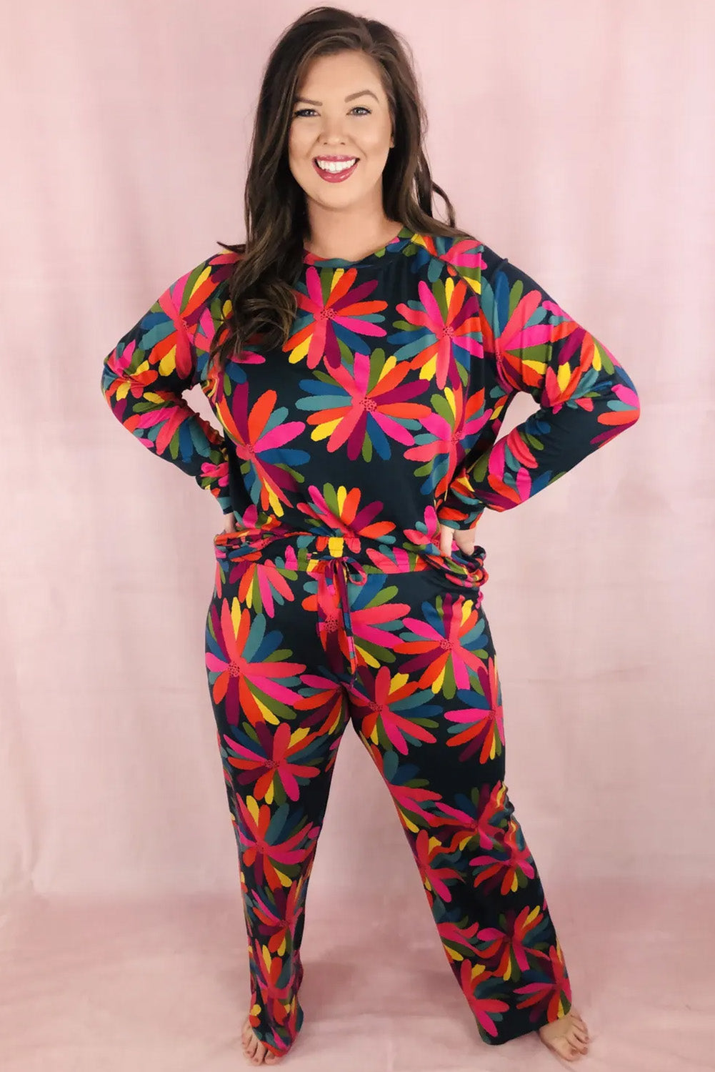 Plus Size Printed Long Sleeve And Pants Lounge Set | Black