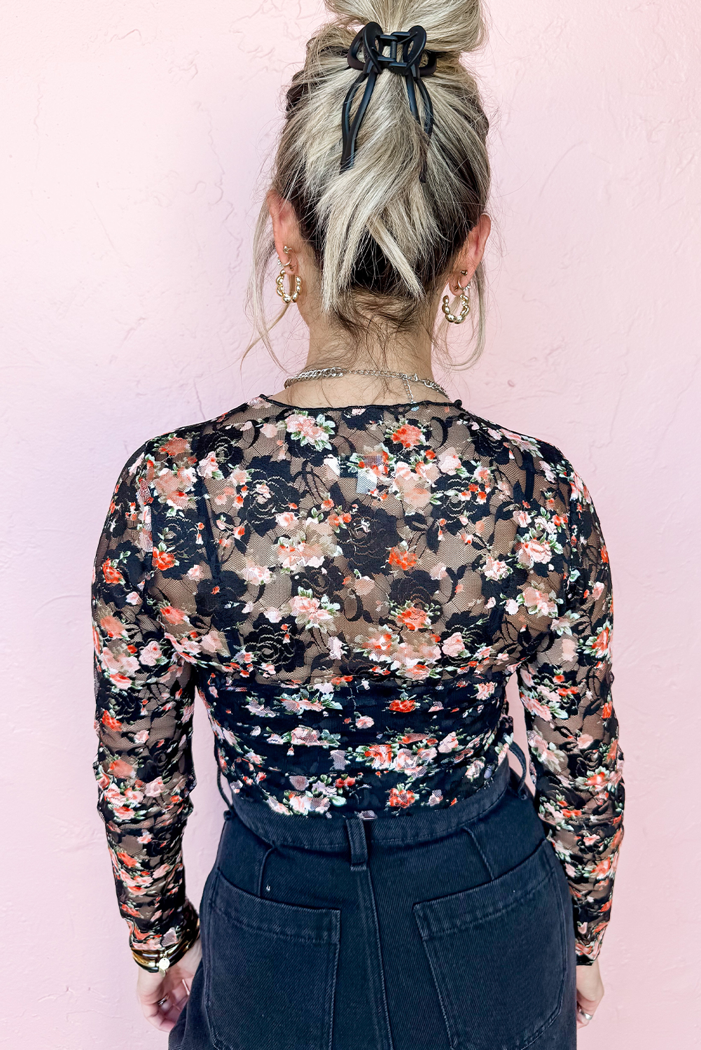 Floral Mesh Sheer Long Sleeve Top | Black