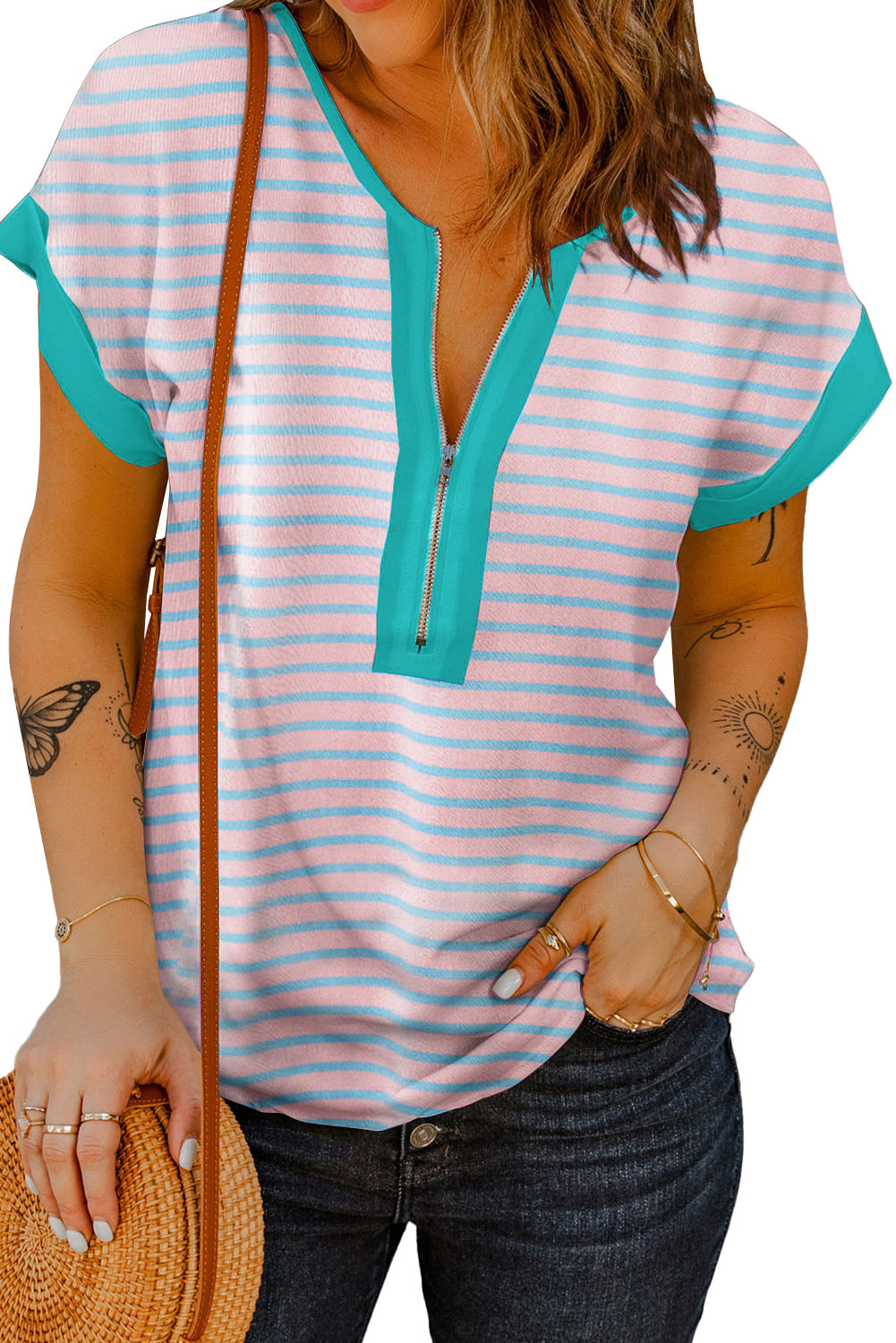 Contrast Trim Half Zip Short Sleeve Top | Pink Stripe