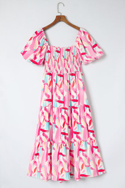 Brush Stroke Printed Smocked Ruffle Tiered Dress | Pink