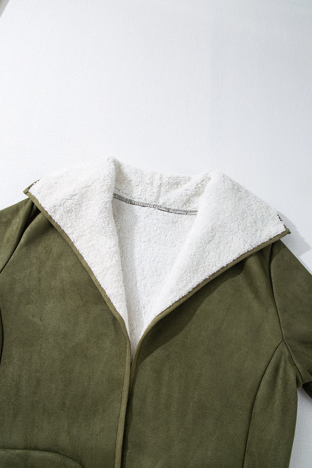 Faux Suede Fleece Lined Open Front Jacket | Green