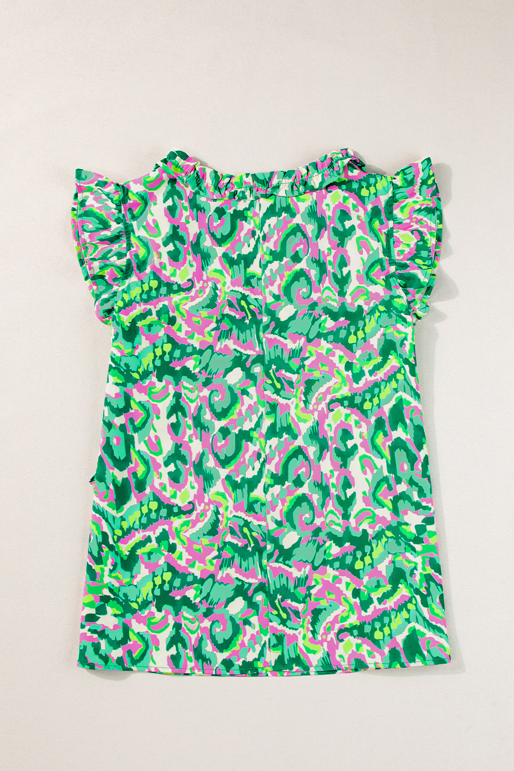 Abstract Print Ruffled Trim Tied Split Neck Tank Top | Green