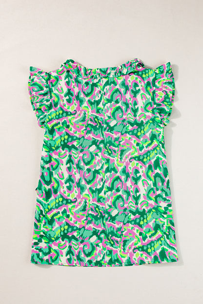 Abstract Print Ruffled Trim Tied Split Neck Tank Top | Green