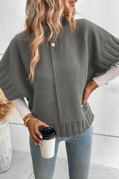 Mock Neck Batwing Short Sleeve Knit Sweater | Medium Grey