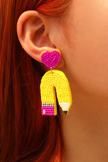 Heart Shape Pencil Rice Bead Drop Earrings | Yellow