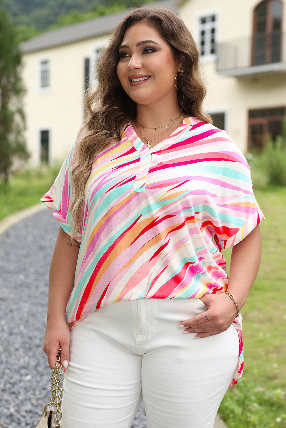 Abstract Print Short Sleeve Notched Neck Plus Size Top | White