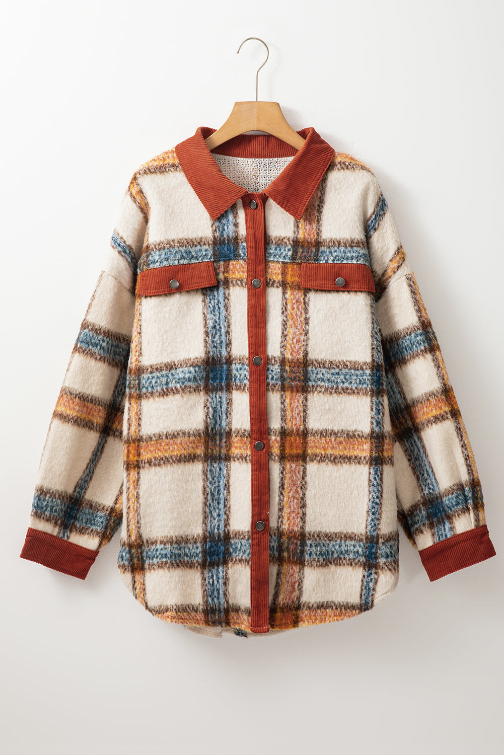 Plus Size Plaid Print Collared Buttoned Jacket | Brown Stripe