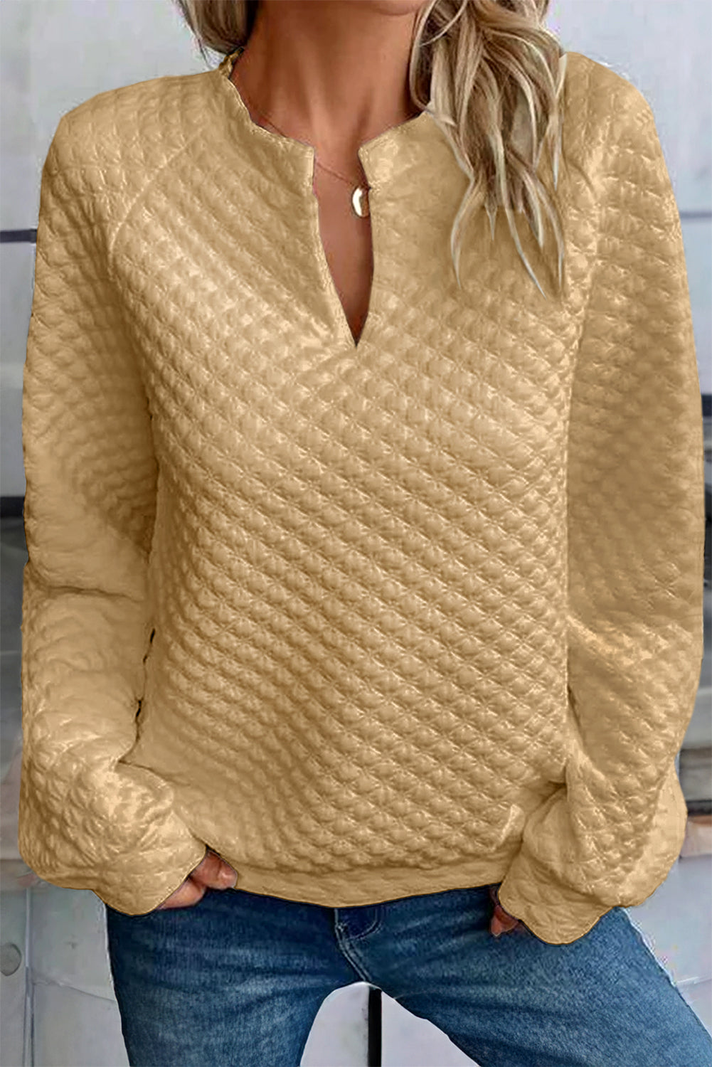 Split Neck Quilted Long Sleeve Top | Khaki