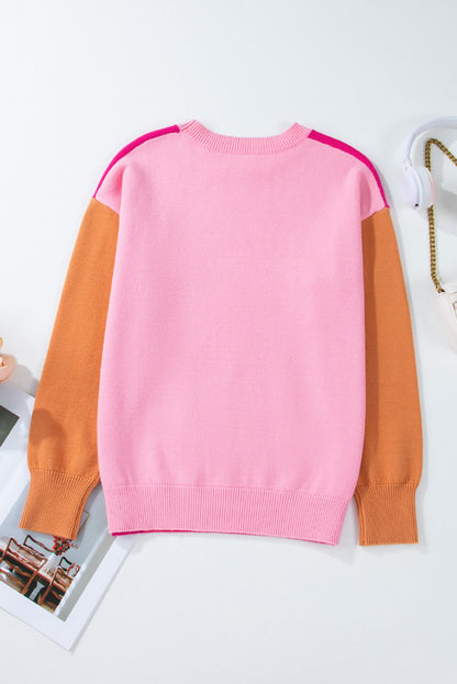 Three Tone Contrast Round Neck Loose Sweater | Bonbon