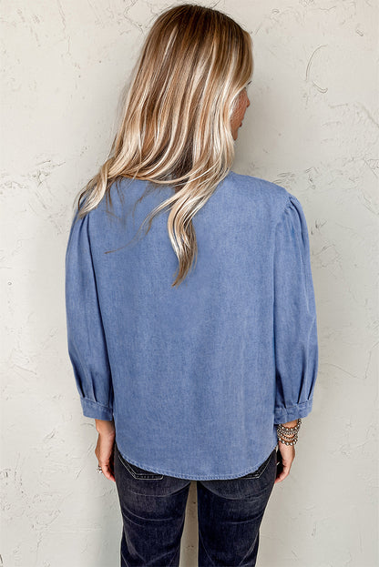 Denim Front Pintuck Bow Tie Puff Sleeve Top | Myosotis