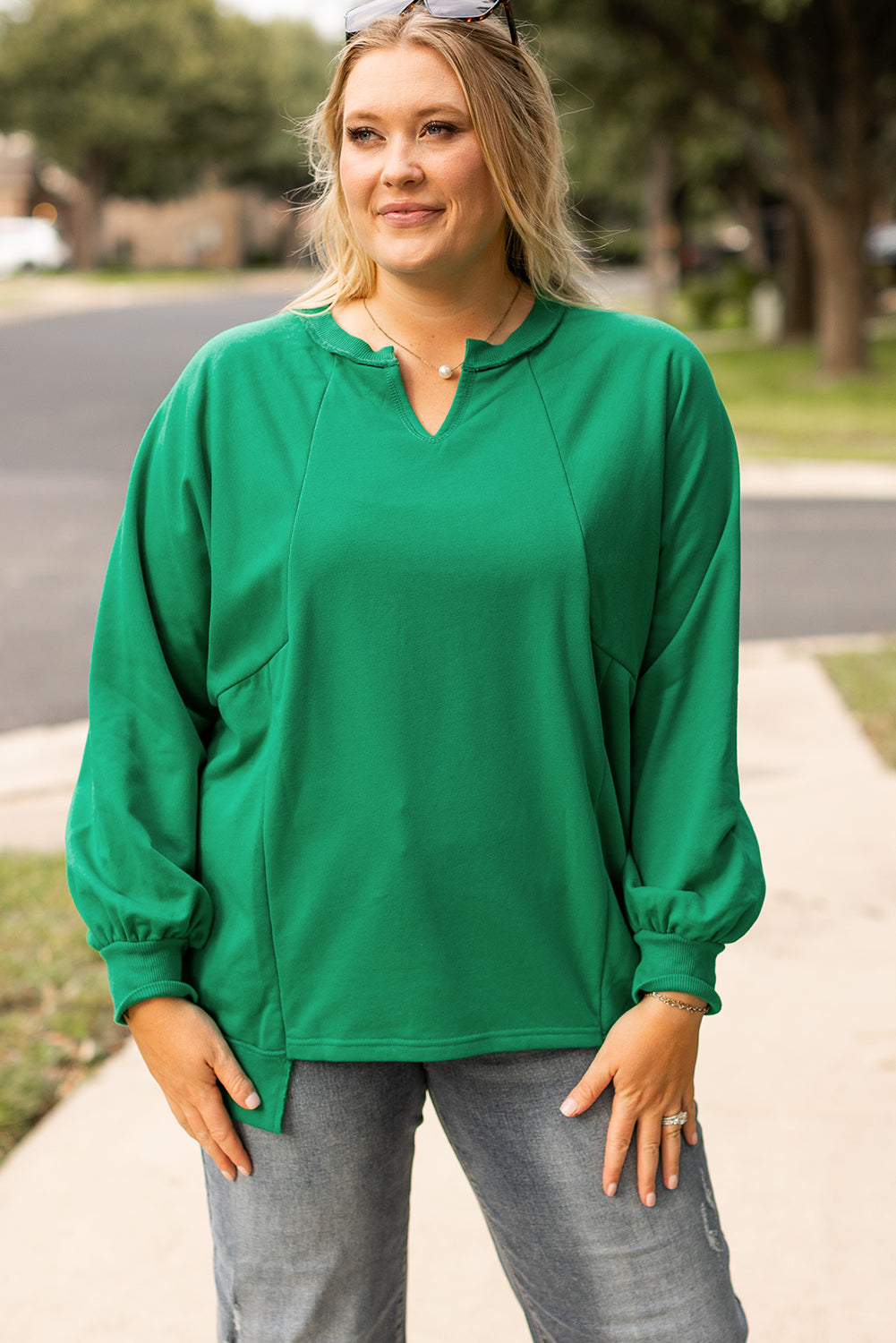 Exposed Seam Notched Neck Drop Shoulder Plus Sweatshirt | Bright Green