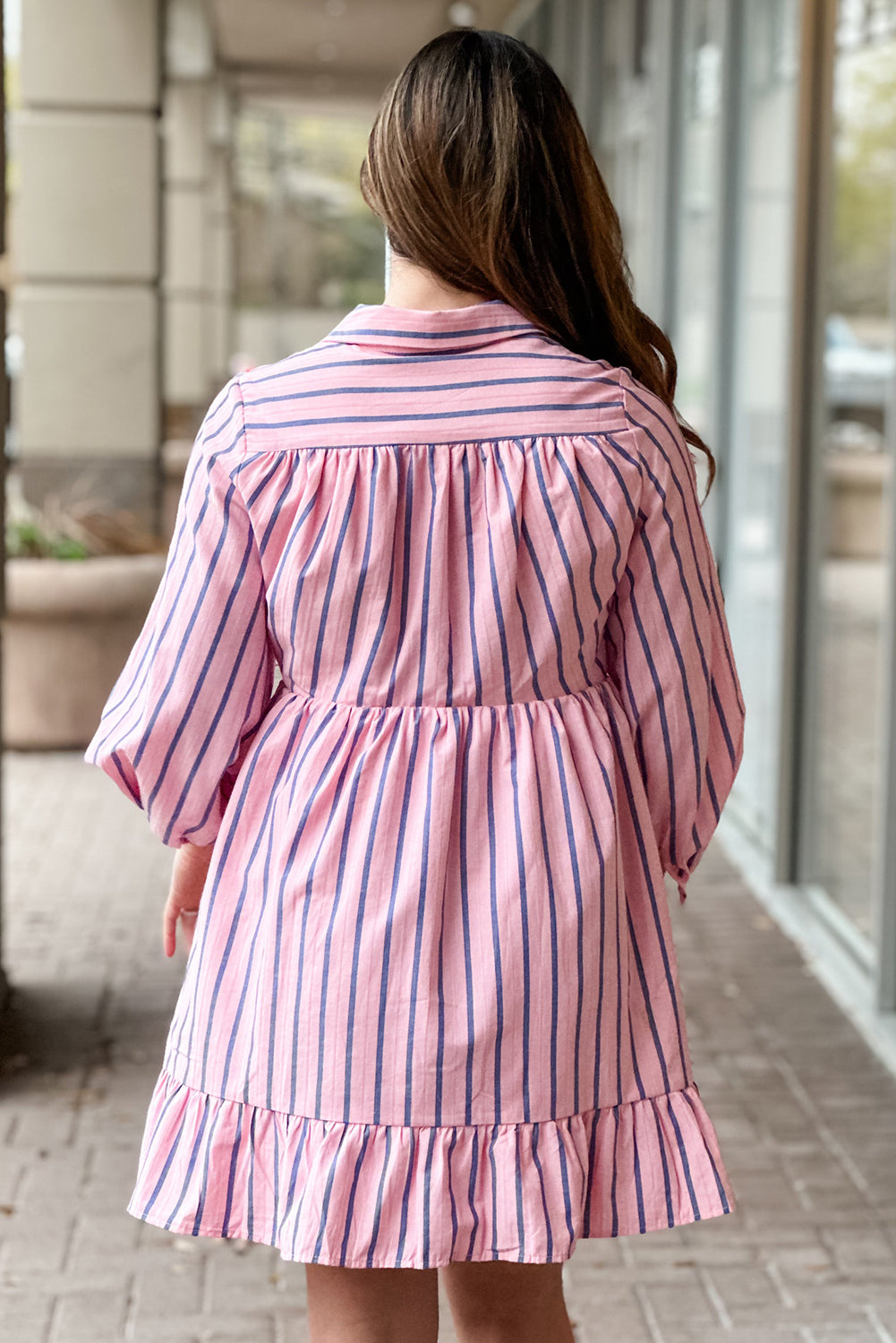 Ruffled Hem Button-Up Collared Shirt Mini Dress | Pink Stripe