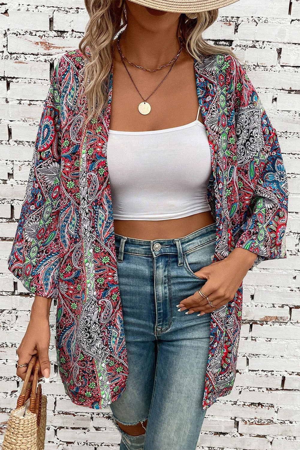 Paisley Print Open Front Kimono | Red