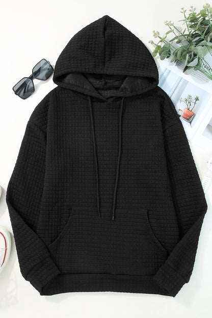 Quilted Kangaroo Pocket Drawstring Hoodie | Black