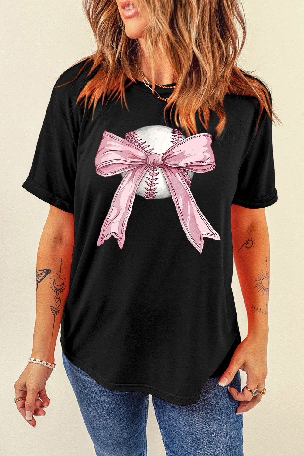 Baseball Bow Knot Print Round Neck T Shirt | Black