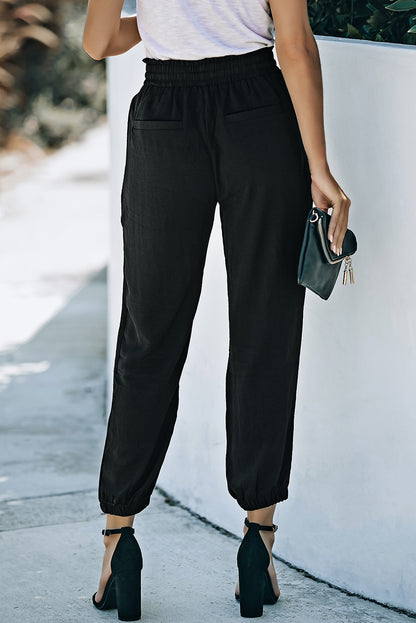 Solid Colour Drawstring Smocked Waist Joggers | Black