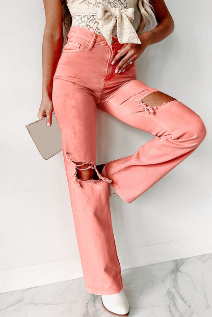 High Waist Ripped Straight Leg Pocket Jeans | Pink