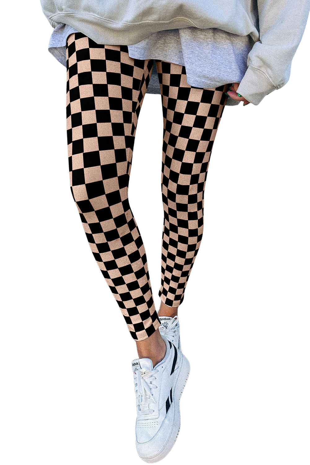 Checkered Pattern High Waist Skinny Leggings | Khaki