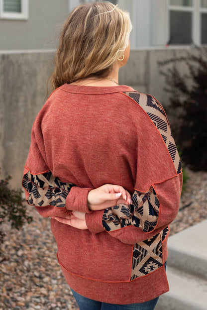 Aztec Patchwork Drop Shoulder Plus Size High Low Sweatshirt | Redwood Burl