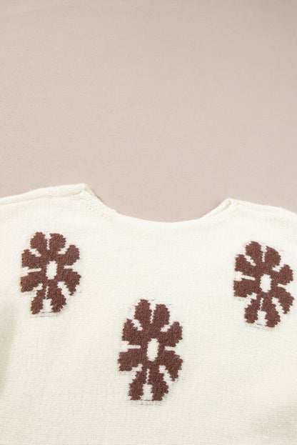 Colourblock Floral Pattern Round Neck Sweater | White