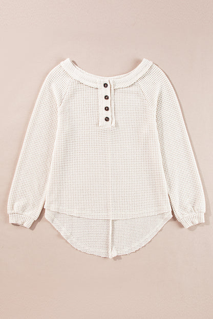 Waffle Knit Buttoned Front Raglan Sleeve Loose Blouse | Oatmeal