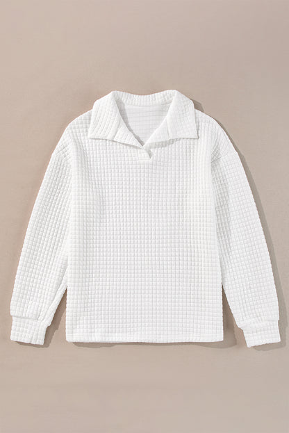 Quilted Texture Sporty Collared Long Sleeve Top | White