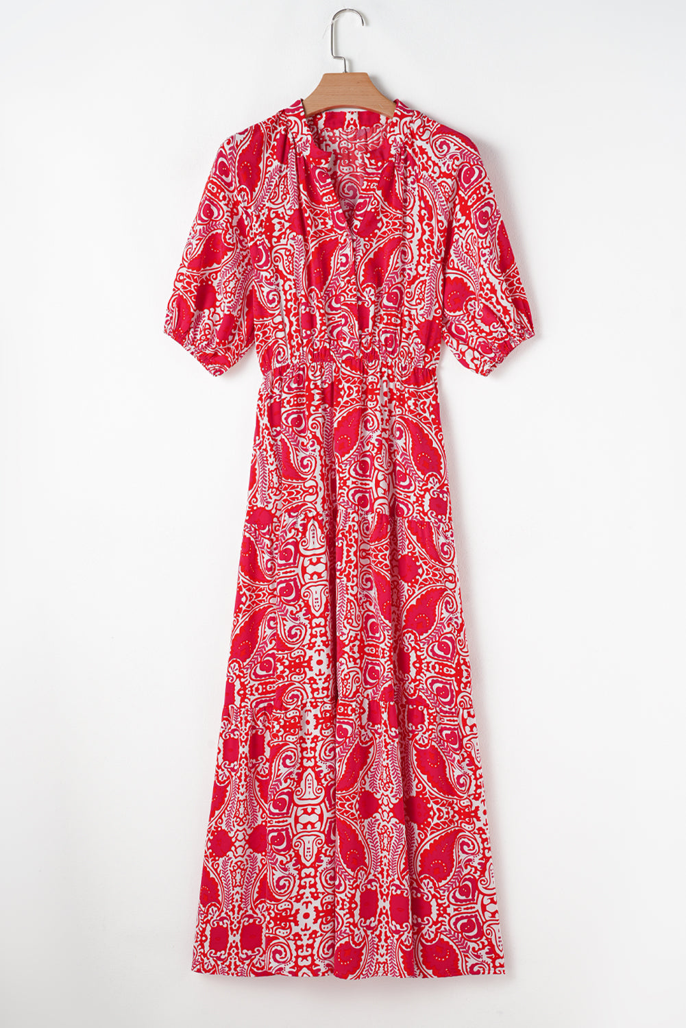 Paisley Print Side Slit Puff Sleeve High Waist Maxi Dress | Red