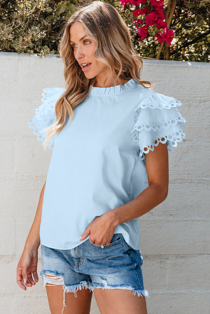 Layered Ric Rac Cap Sleeve Filled Neck Blouse | Beau Blue