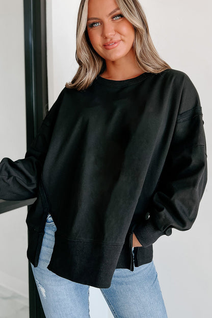 Exposed Seam Drop Shoulder Round Neck Sweatshirt With Slits | Black