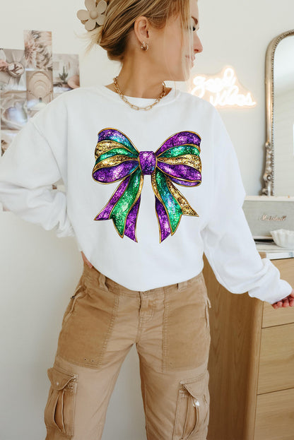 Mardi Gras Bow Graphic Drop Shoulder Sweatshirt | White