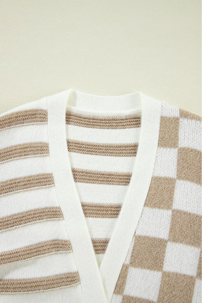 Gingham Striped Knitted Open Front Cardigan | Smoke Gray