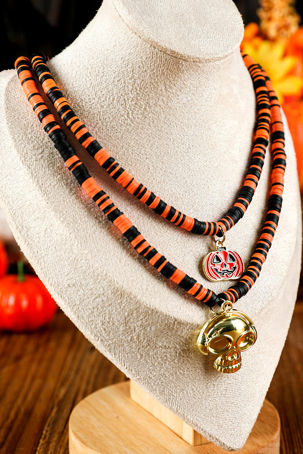 Skull Pumpkin Face Pendant Layered Beaded Halloween Necklace | Russet Orange