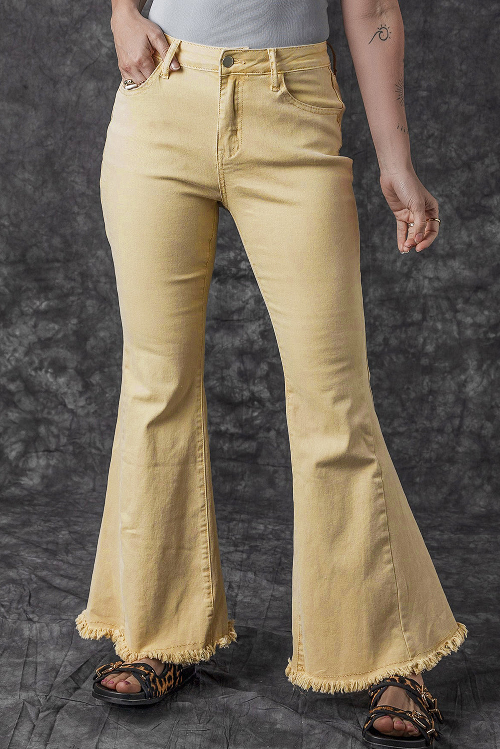 Raw Edge Mid Waist Flared Jeans | Khaki