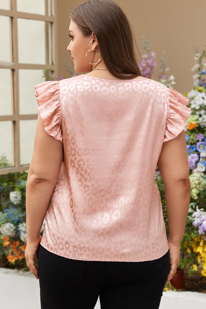 Plus Size Leopard Print Ruffled Flutter Sleeve Satin Blouse | Pink