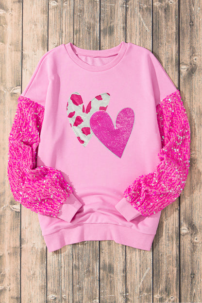 Valentines Heart Graphic Sequin Patchwork Long Sleeve Top | Pink