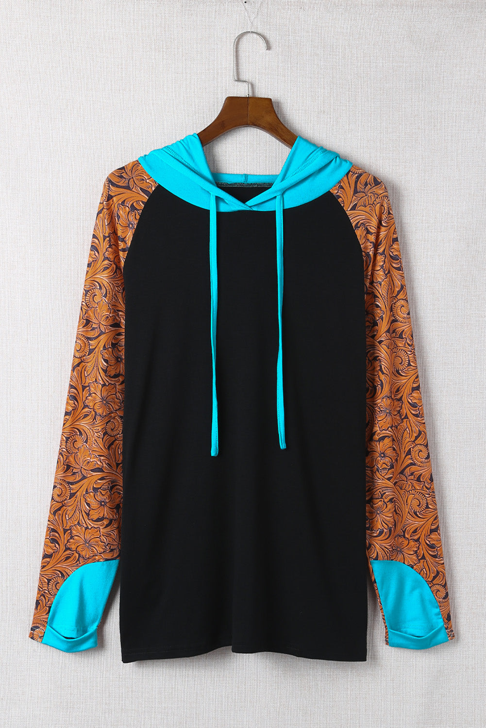 Western Print Colour Block Plus Size Hoodie | Black