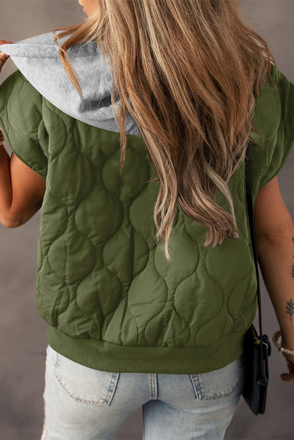 Quilted Drawstring Hooded Zip Up Puffer Vest | Jungle Green