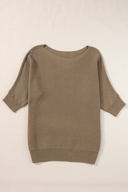 Round Neck Half Sleeve Ribbed Knit Top | Coffee