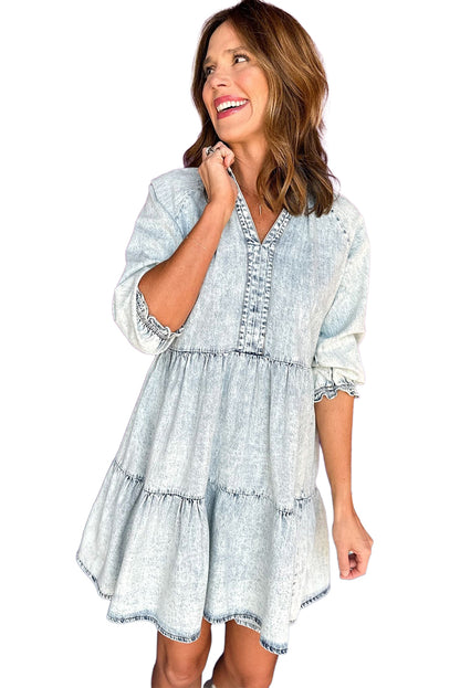 Acid Wash Retro Half Sleeve Flared Denim Dress | Dusk Blue